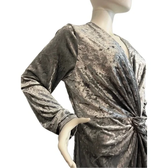 Silver Stretch Crushed Velvet Cocktail Party Midi Dress Ruched Waist, Sz12 - Picture 2 of 12